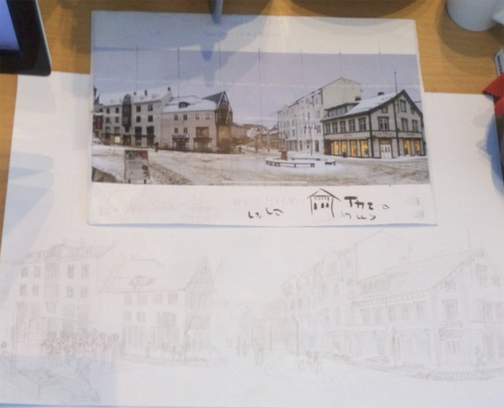 Tegninger av det nye harstad torget, tegnet opp på ett større format