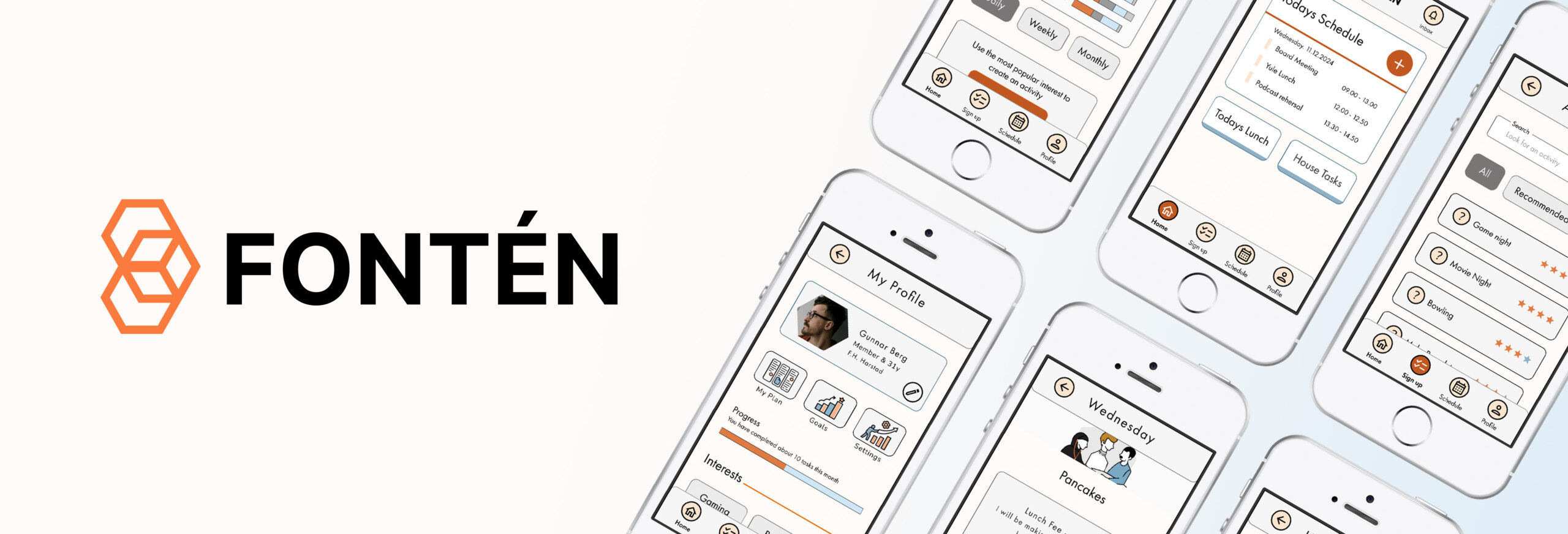 Fontén Header for the portfolio Fontén portfolio header dektop. Shows the apps logo and mobile screens from Figma