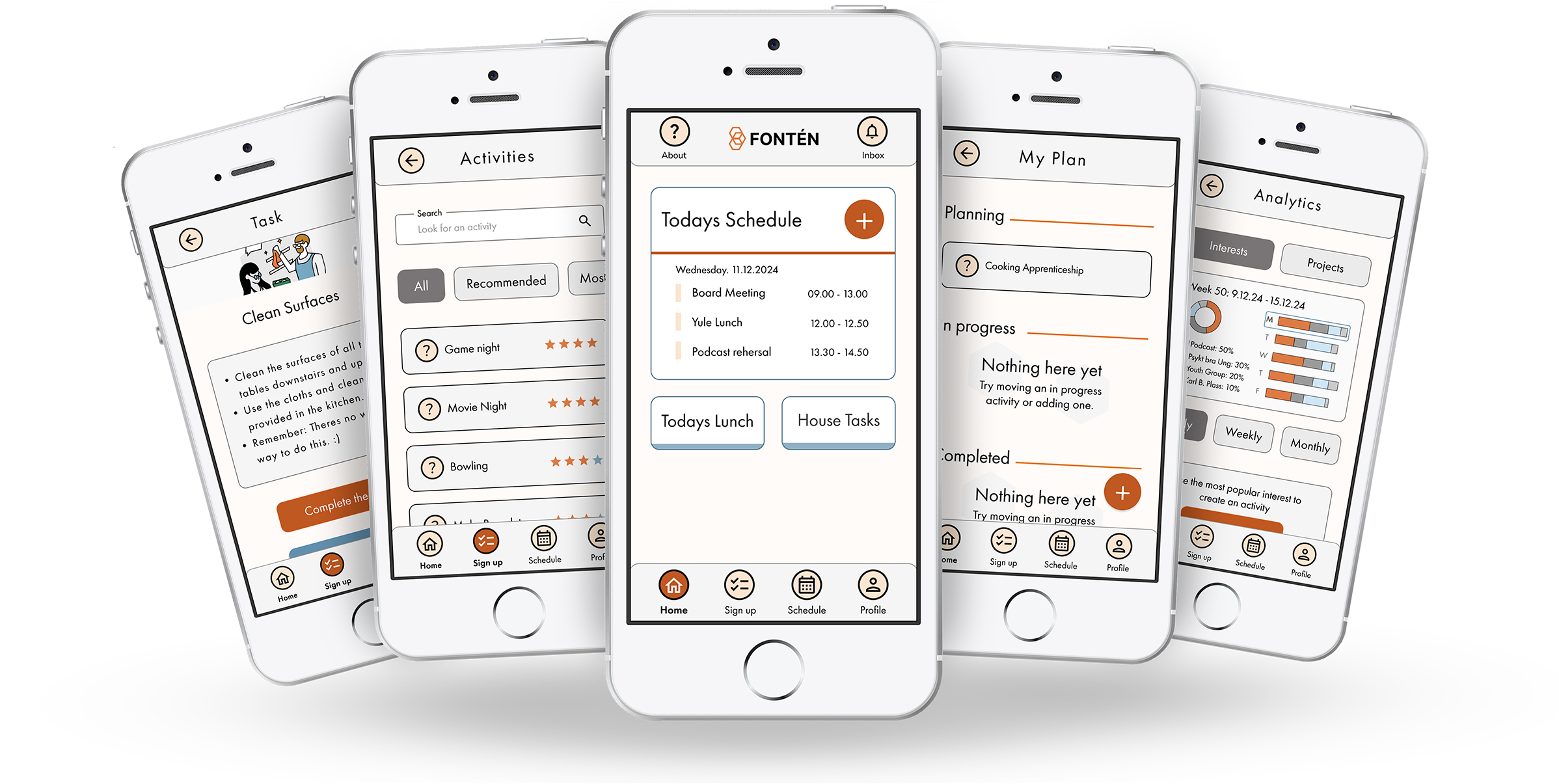 Portfolio Fontén app imagery Portfolio Fontén app imagery of the Fonten prototype app, showing the homepage and some of the core features