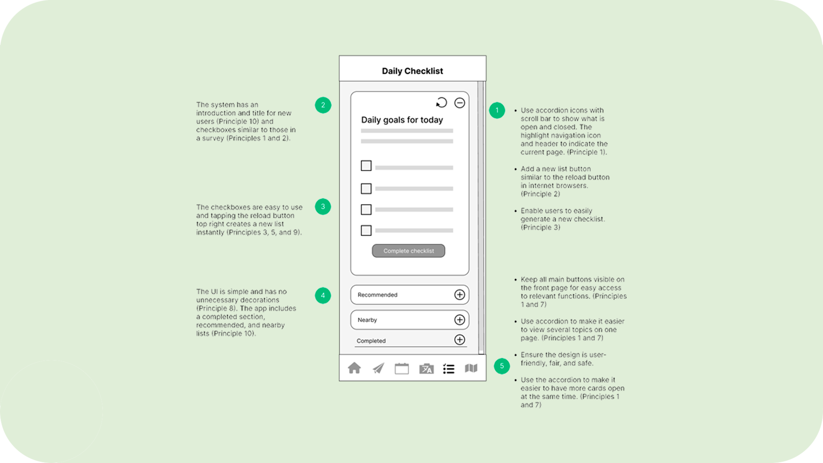 Sustainably Wireframe Annotations for the Daily Goals checklist made in Figma_