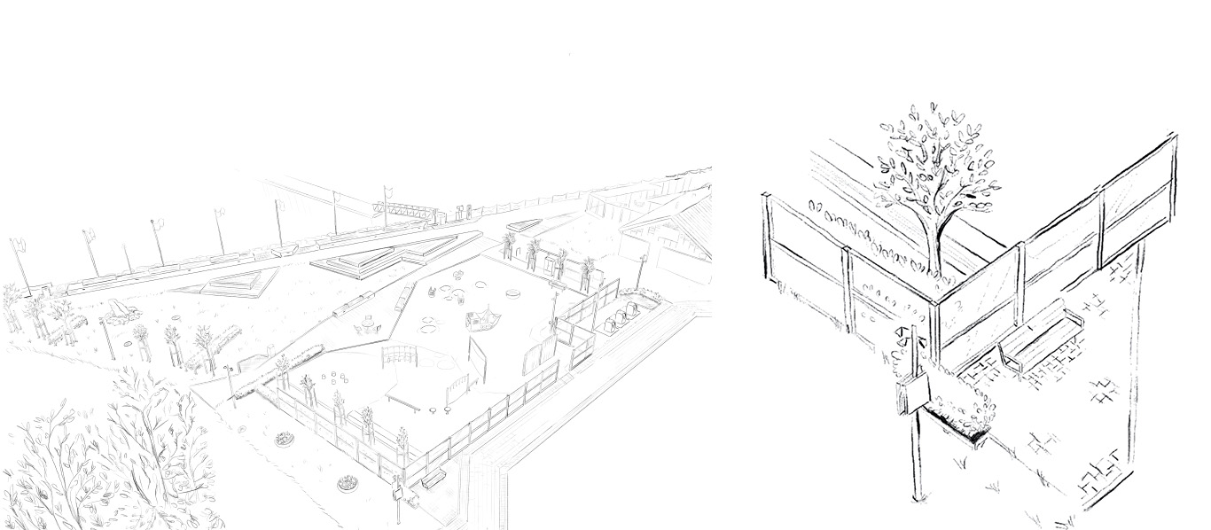 Sketching traditionally and digitally the new town square and its main features before coloring it digitally