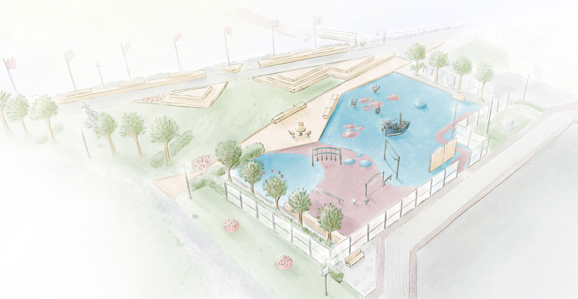 Ottar Håløygs Plass illustation Shows the illustration of the newplayground and park that was build in 2020, to replace the parking lot that used to be there